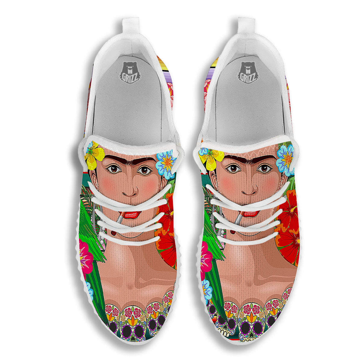 Serape Frida Kahlo Print White Walking Shoes-grizzshop