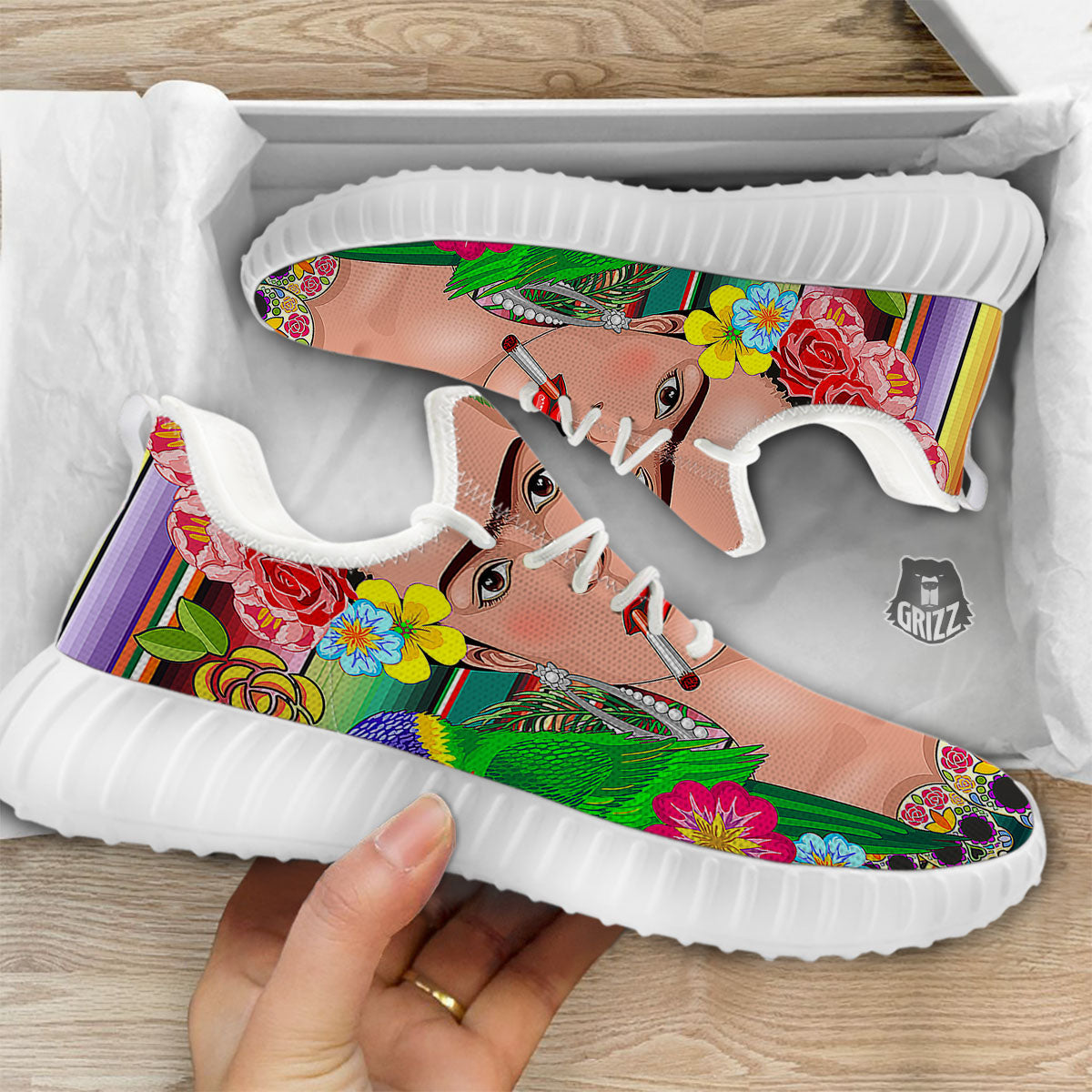 Serape Frida Kahlo Print White Walking Shoes-grizzshop