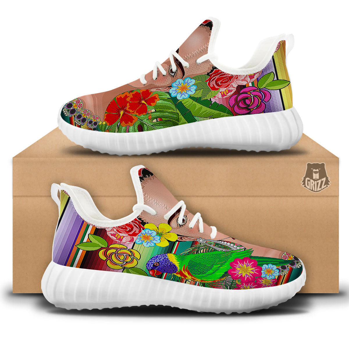 Serape Frida Kahlo Print White Walking Shoes-grizzshop