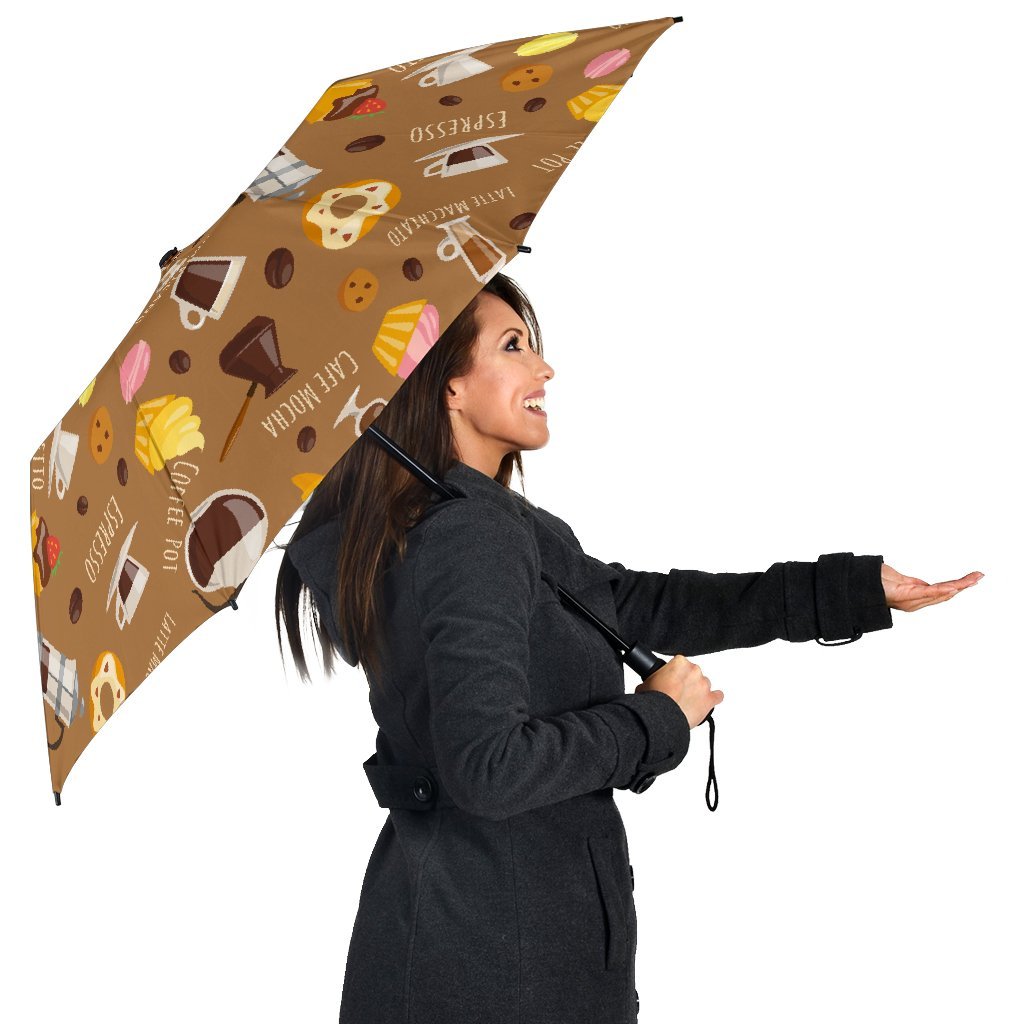 Set Coffee Pattern Print Automatic Foldable Umbrella-grizzshop