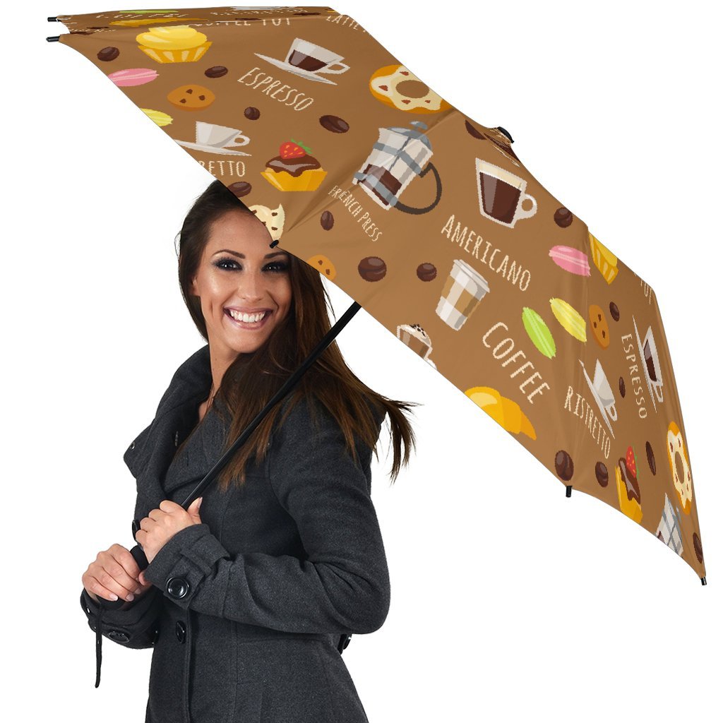 Set Coffee Pattern Print Automatic Foldable Umbrella-grizzshop