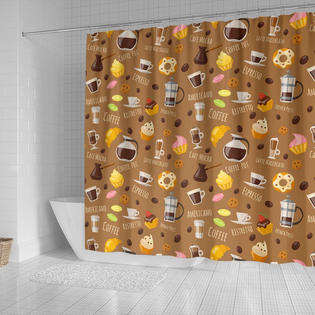 Set Coffee Pattern Print Bathroom Shower Curtain-grizzshop