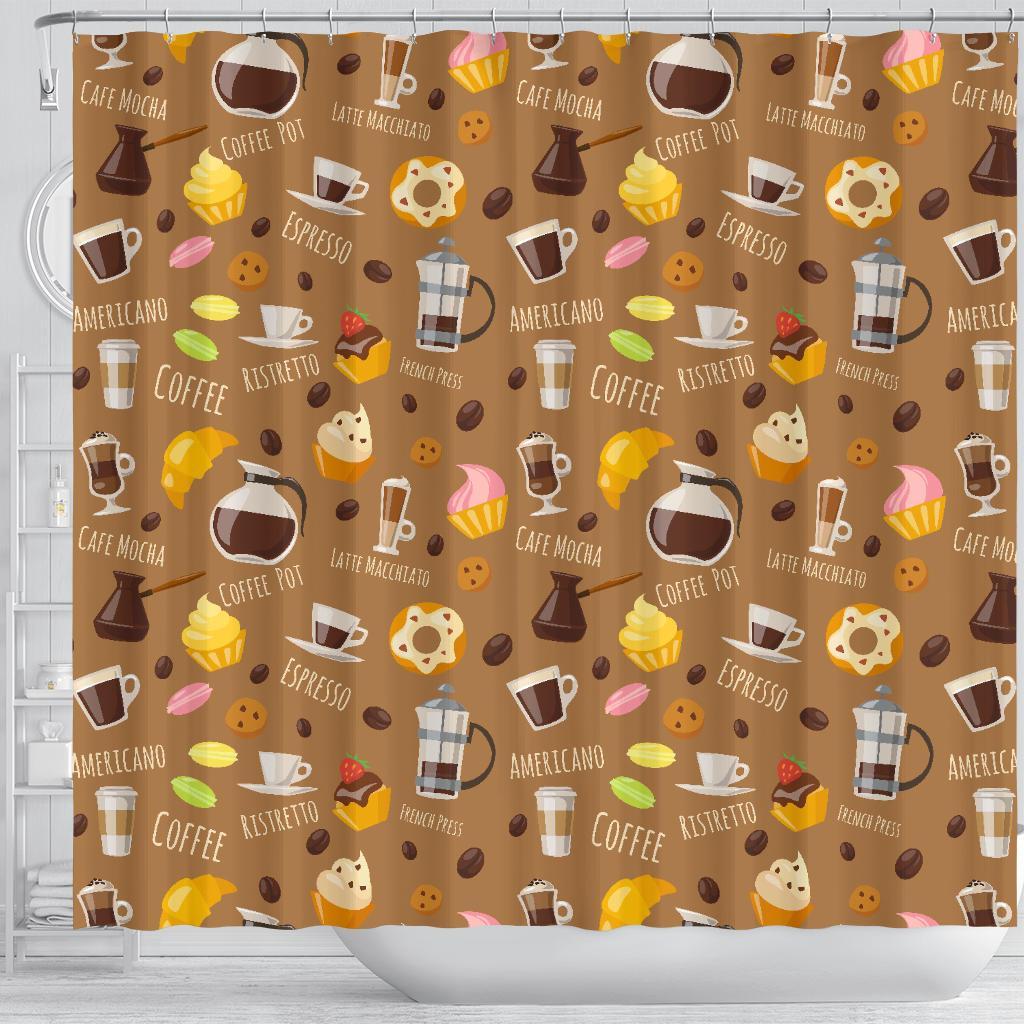 Set Coffee Pattern Print Bathroom Shower Curtain-grizzshop