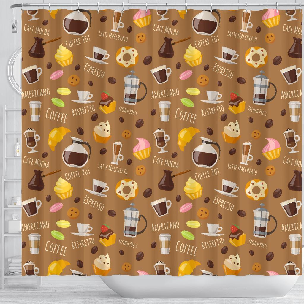 Set Coffee Pattern Print Bathroom Shower Curtain-grizzshop