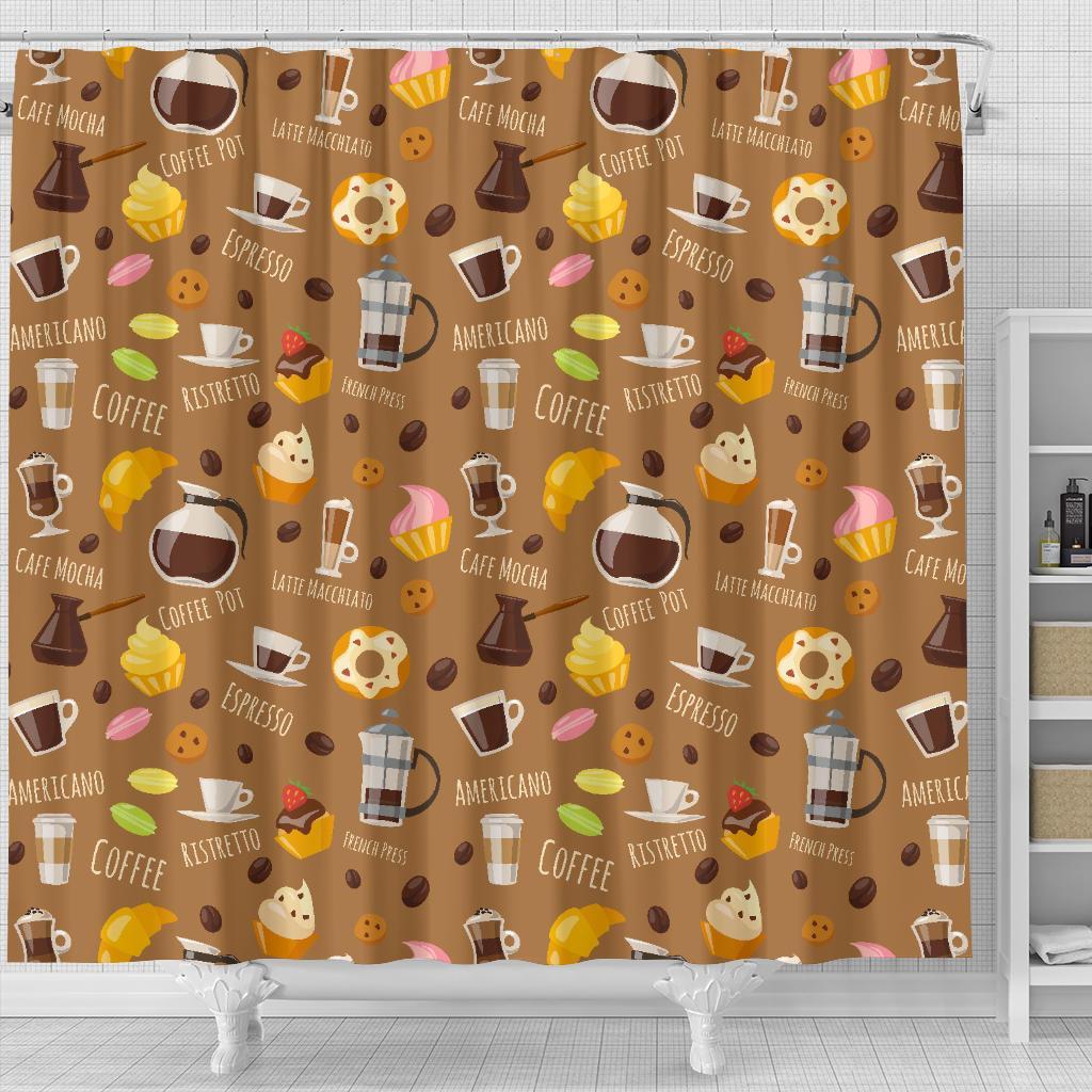 Set Coffee Pattern Print Bathroom Shower Curtain-grizzshop