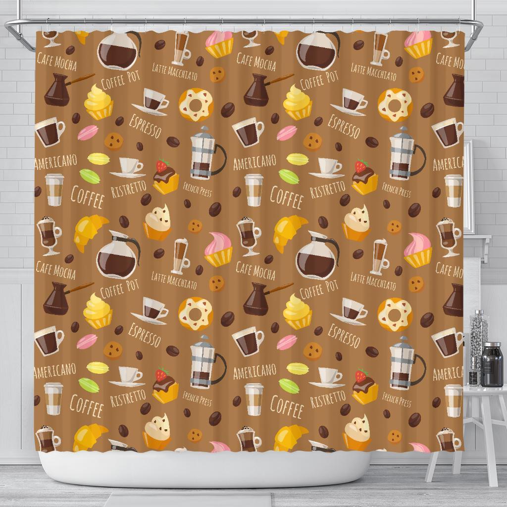 Set Coffee Pattern Print Bathroom Shower Curtain-grizzshop