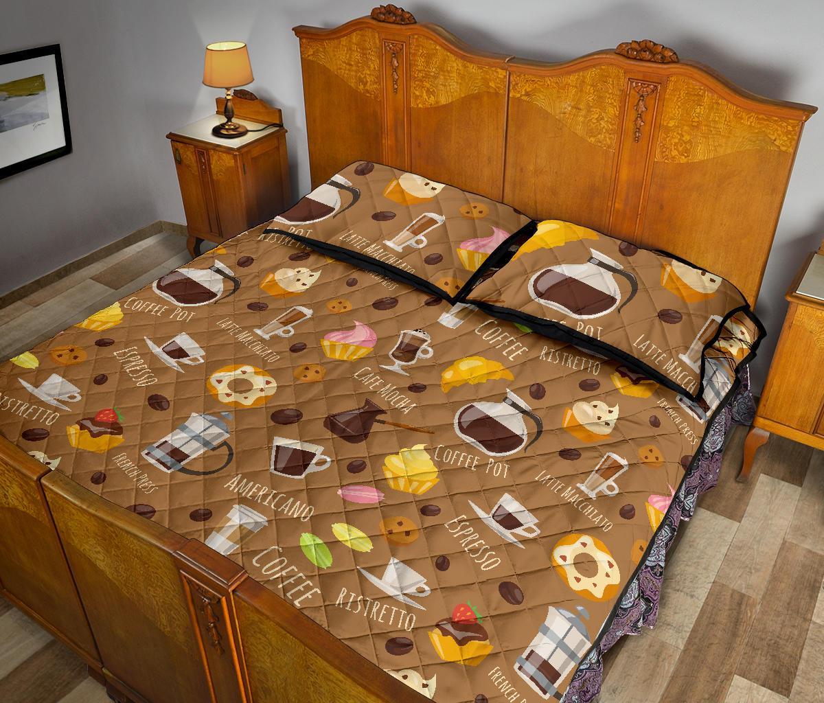 Set Coffee Pattern Print Bed Set Quilt-grizzshop