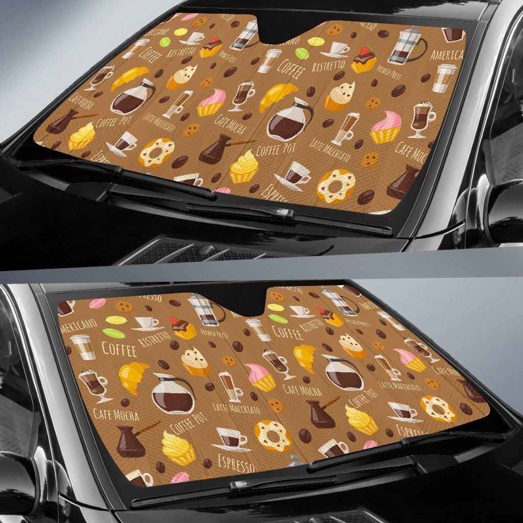 Set Coffee Pattern Print Car Sun Shade-grizzshop