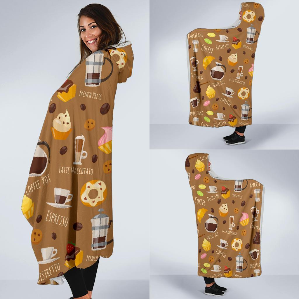 Set Coffee Pattern Print Hooded Blanket-grizzshop