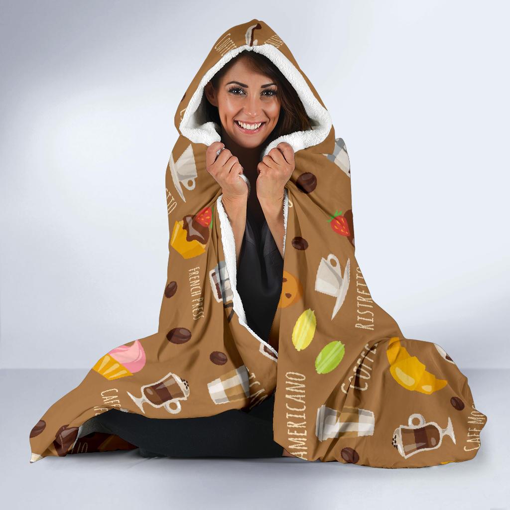 Set Coffee Pattern Print Hooded Blanket-grizzshop