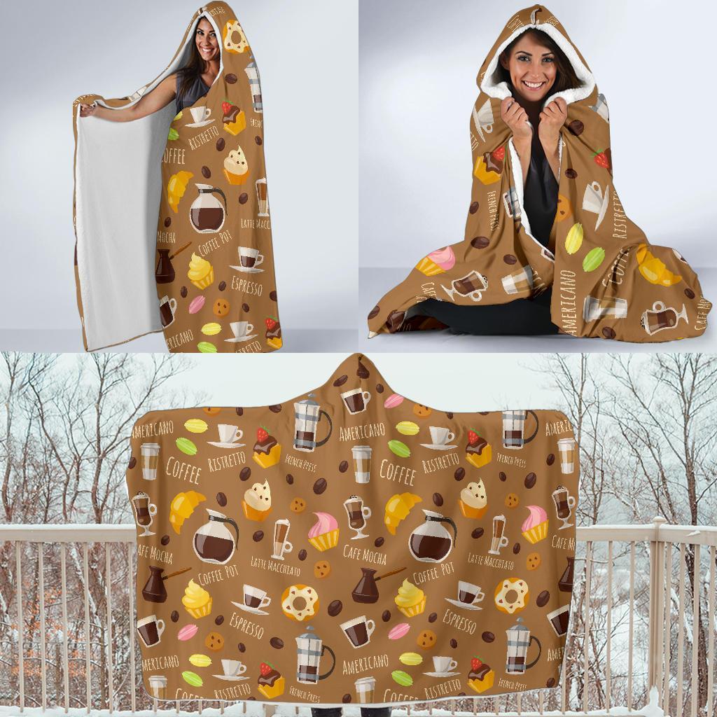 Set Coffee Pattern Print Hooded Blanket-grizzshop