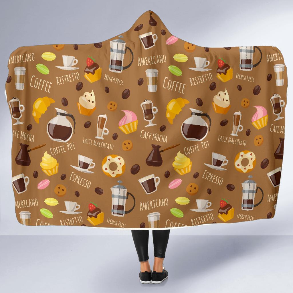 Set Coffee Pattern Print Hooded Blanket-grizzshop