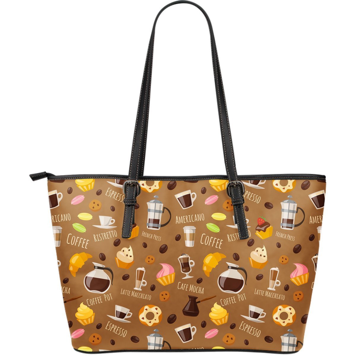 Set Coffee Pattern Print Leather Tote Bag-grizzshop