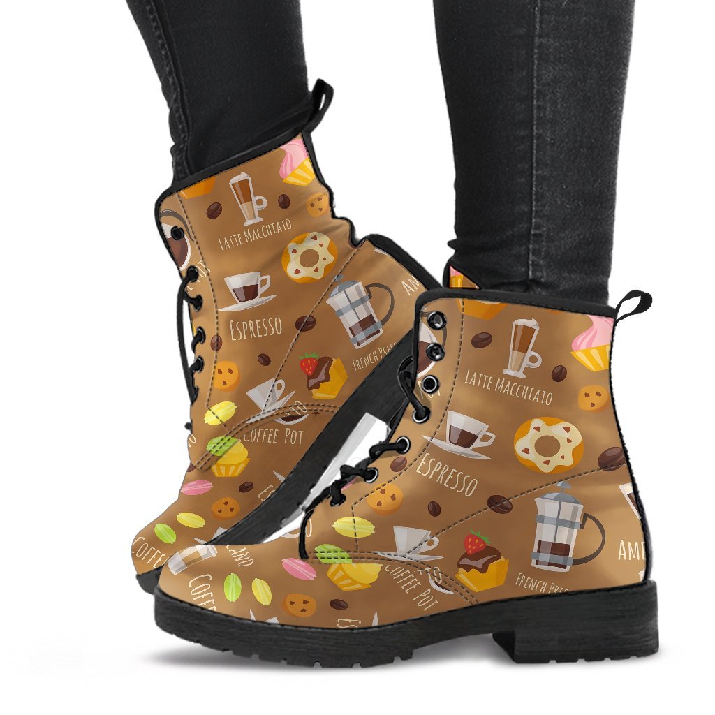 Set Coffee Pattern Print Men Women Leather Boots-grizzshop