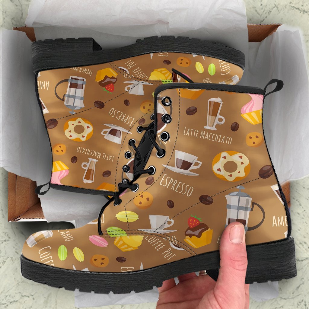 Set Coffee Pattern Print Men Women Leather Boots-grizzshop