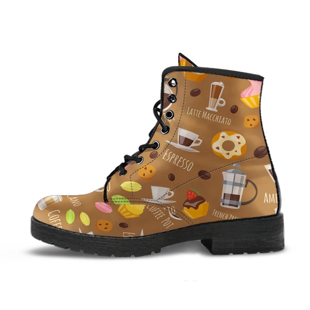 Set Coffee Pattern Print Men Women Leather Boots-grizzshop