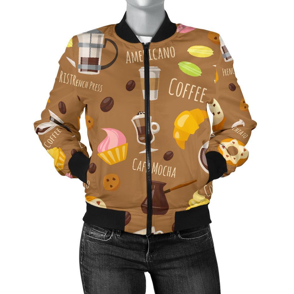 Set Coffee Pattern Print Women Casual Bomber Jacket-grizzshop