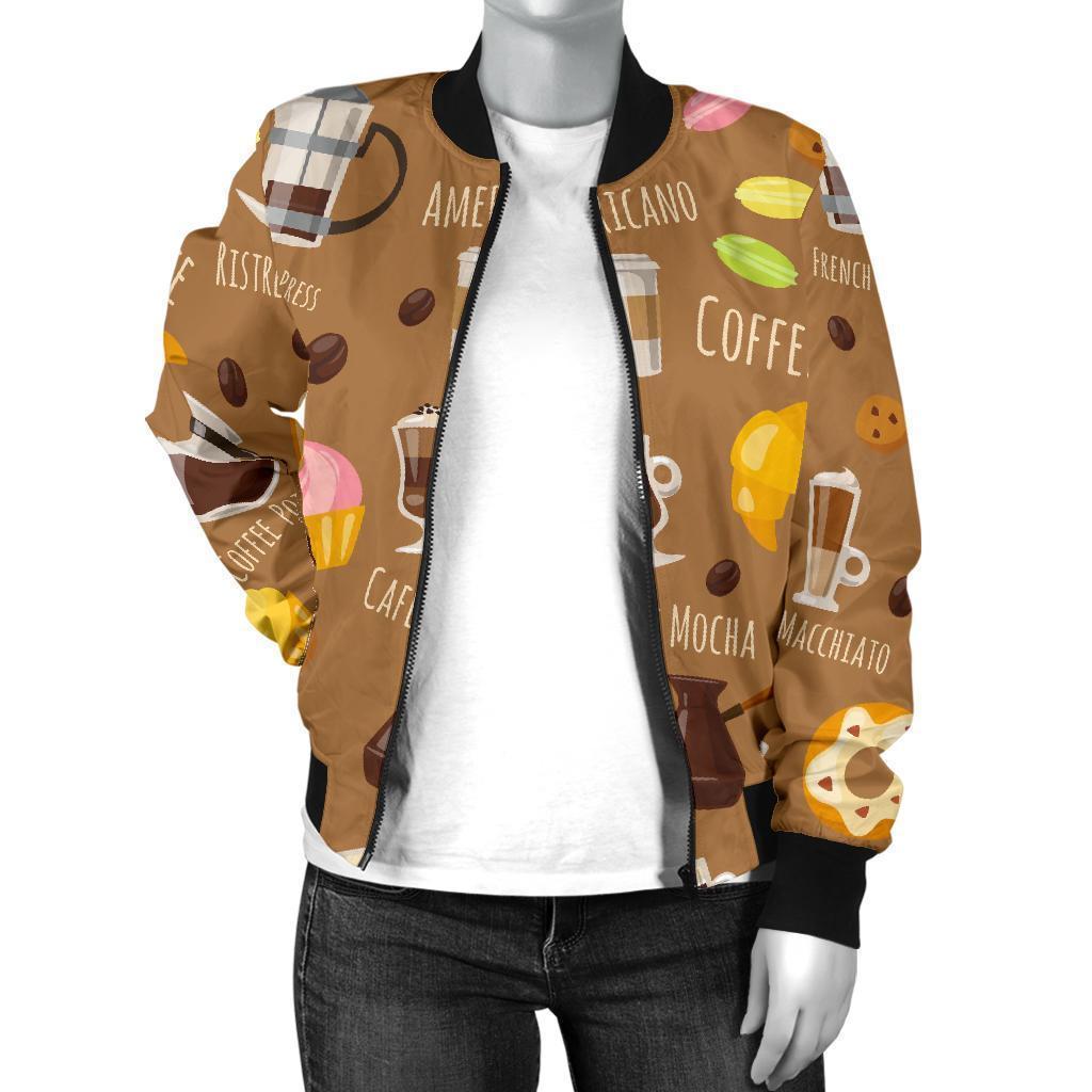 Set Coffee Pattern Print Women Casual Bomber Jacket-grizzshop