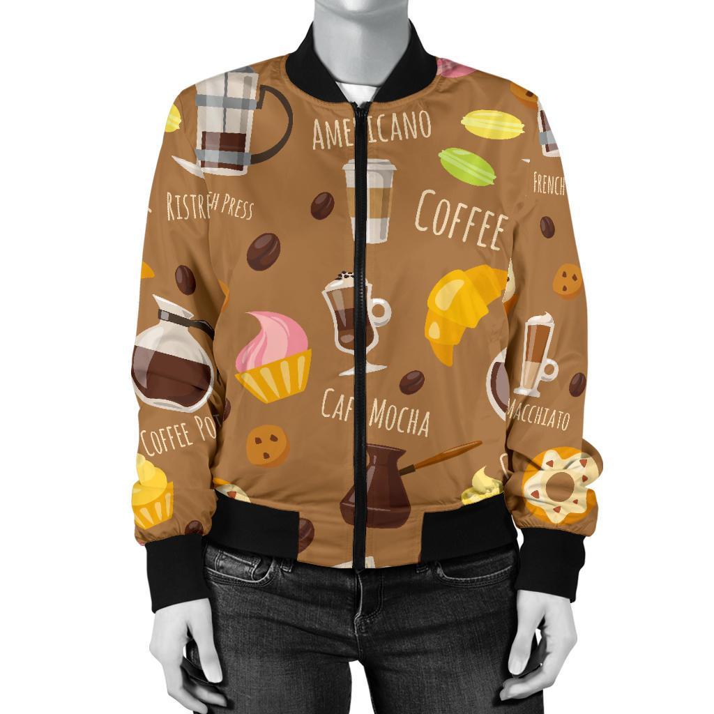 Set Coffee Pattern Print Women Casual Bomber Jacket-grizzshop
