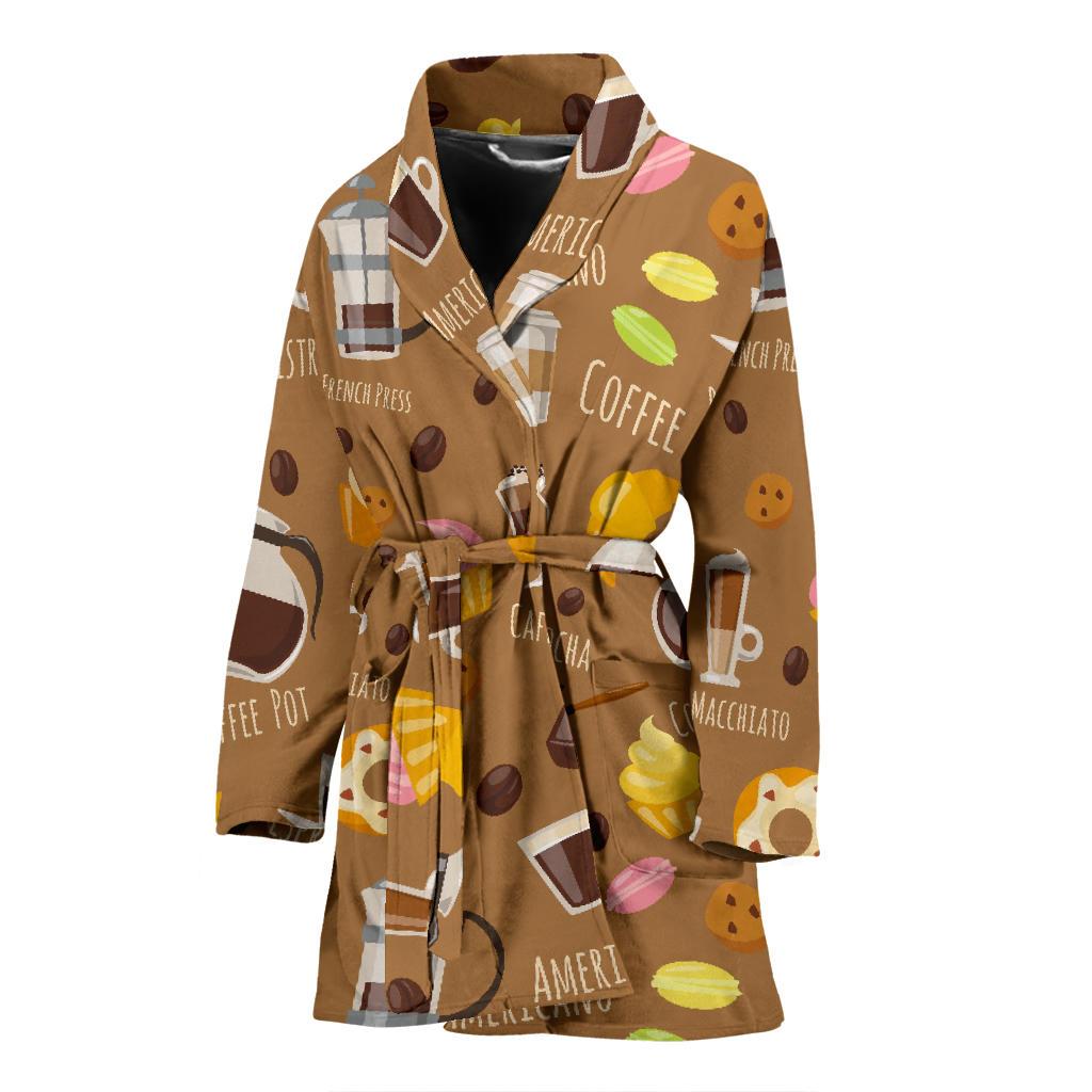 Set Coffee Pattern Print Women Long Robe-grizzshop