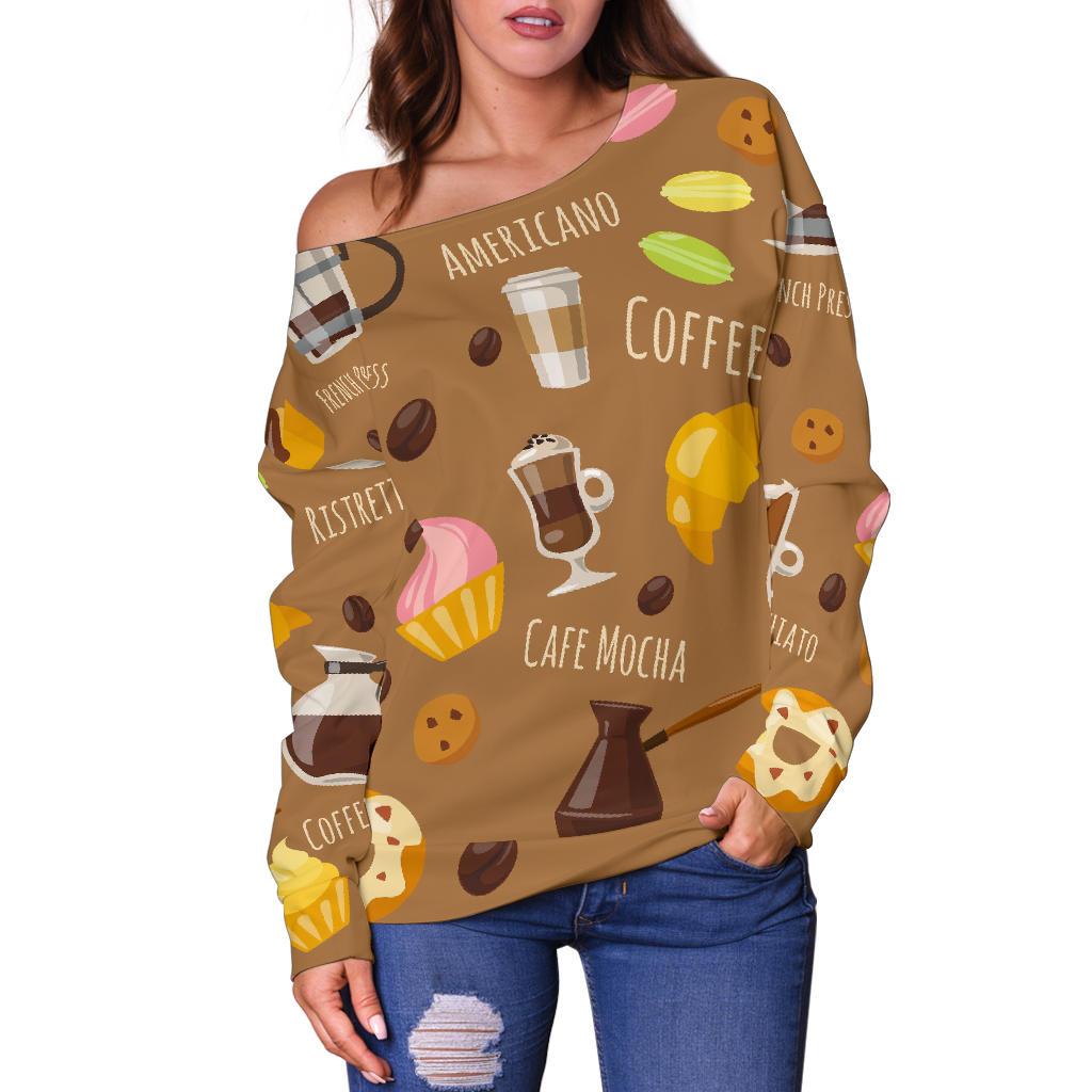 Set Coffee Pattern Print Women Off Shoulder Sweatshirt-grizzshop