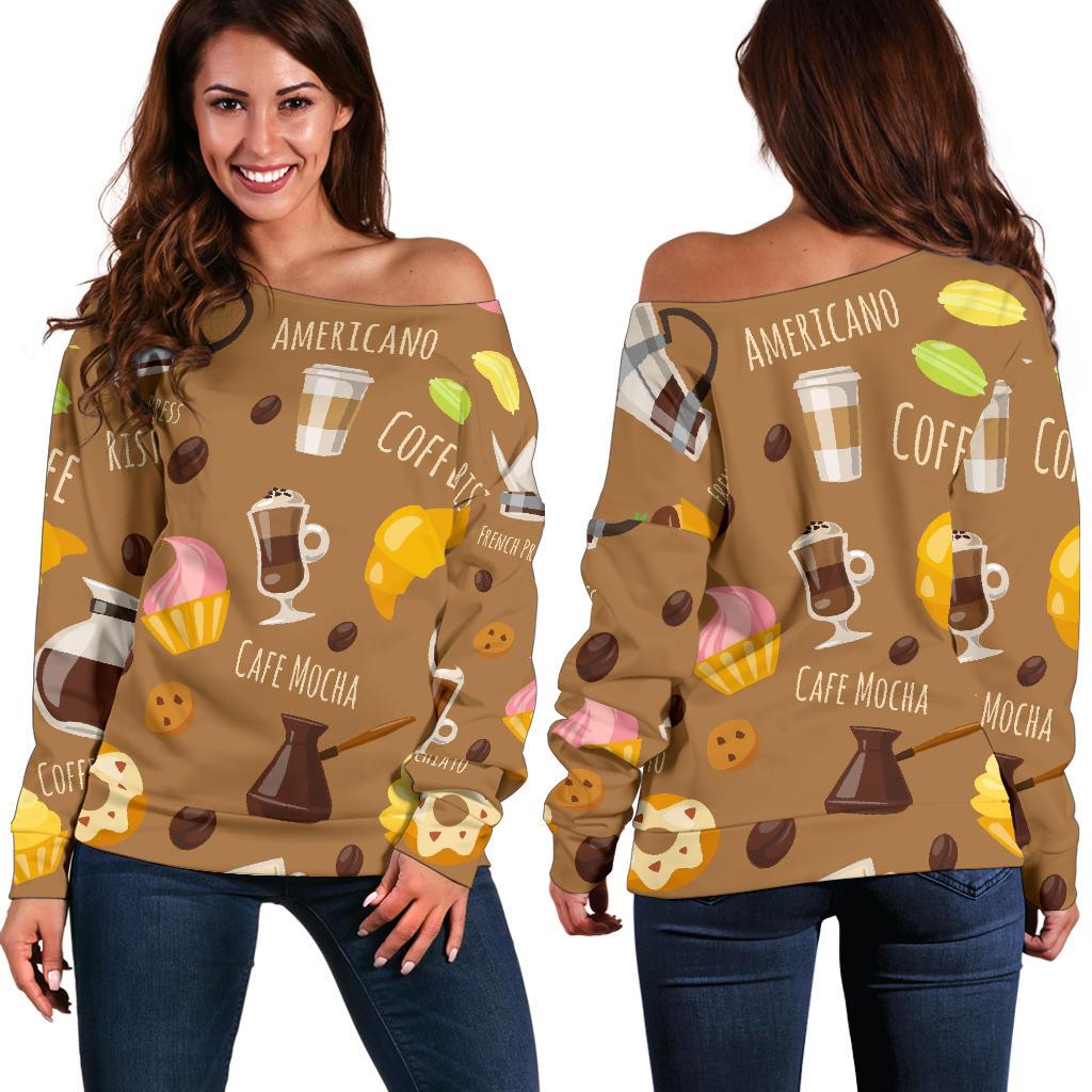 Set Coffee Pattern Print Women Off Shoulder Sweatshirt-grizzshop