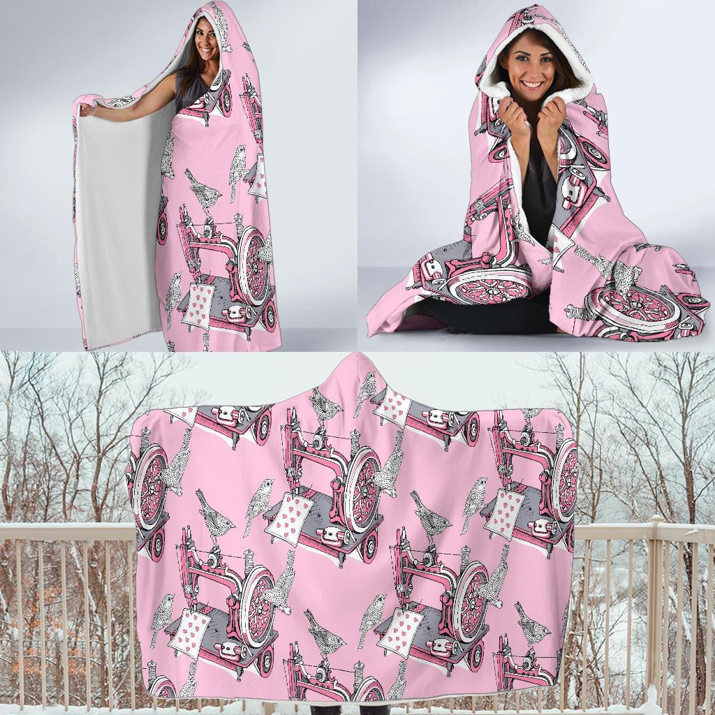 Sewing Machine Pattern Print Hooded Blanket-grizzshop