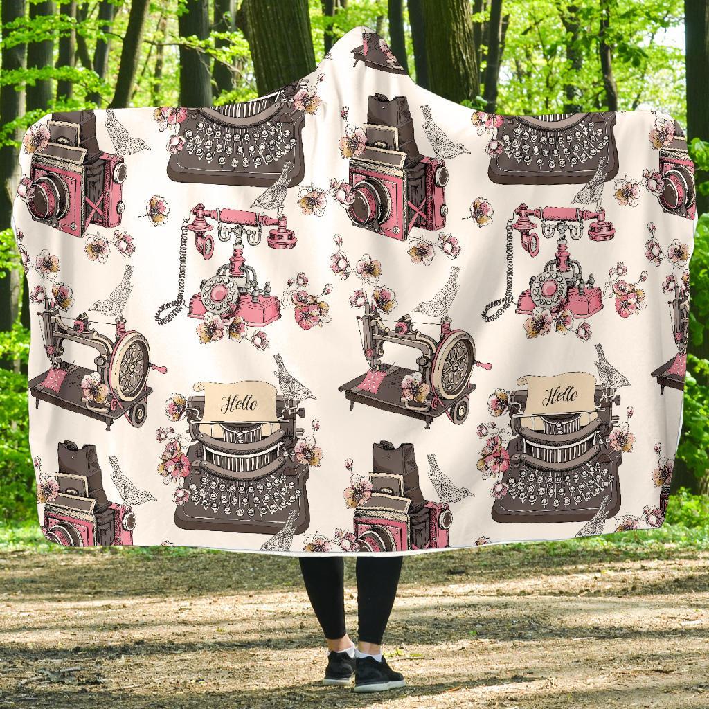 Sewing Machine Print Pattern Hooded Blanket-grizzshop