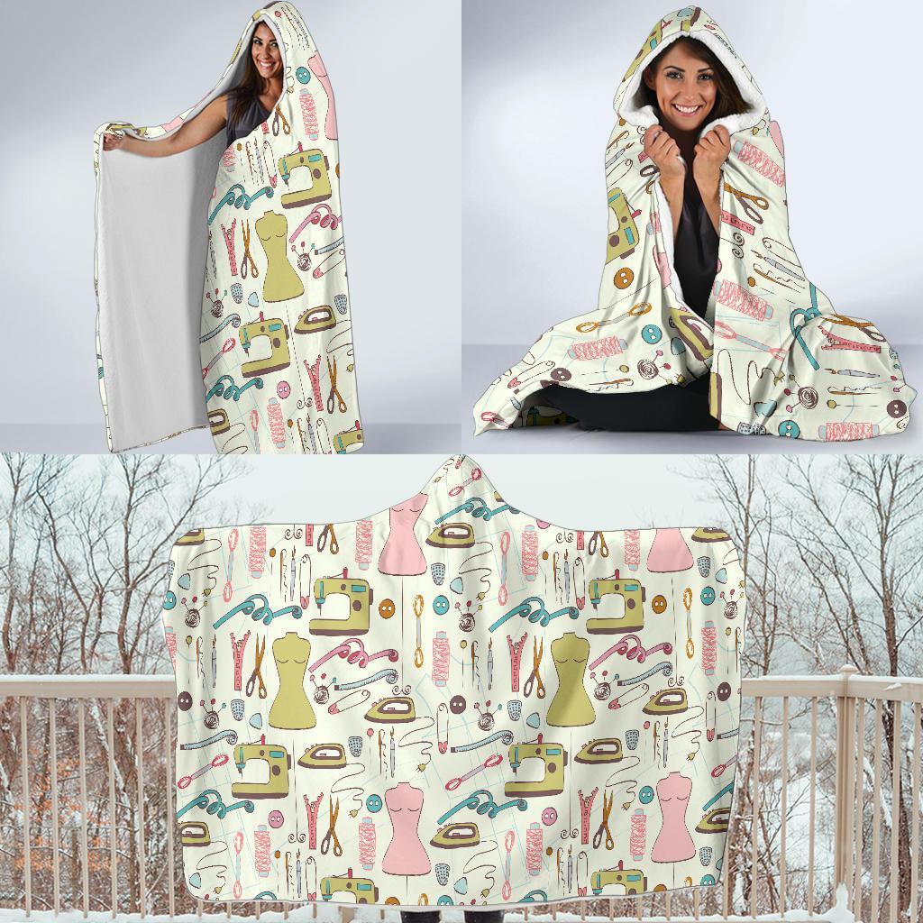 Sewing Print Pattern Hooded Blanket-grizzshop