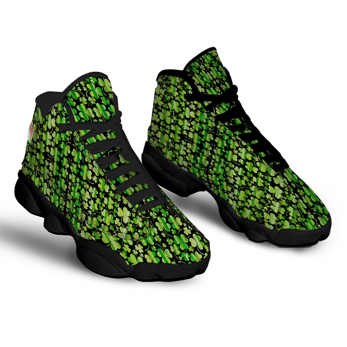 Shamrock Green And Black Print Pattern Black Basketball Shoes-grizzshop