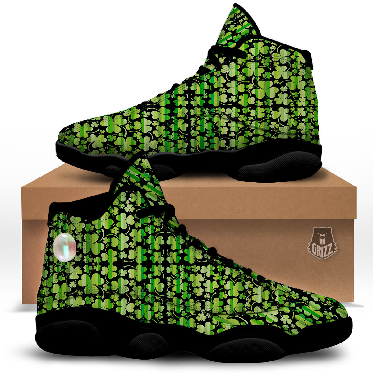 Shamrock Green And Black Print Pattern Black Basketball Shoes-grizzshop