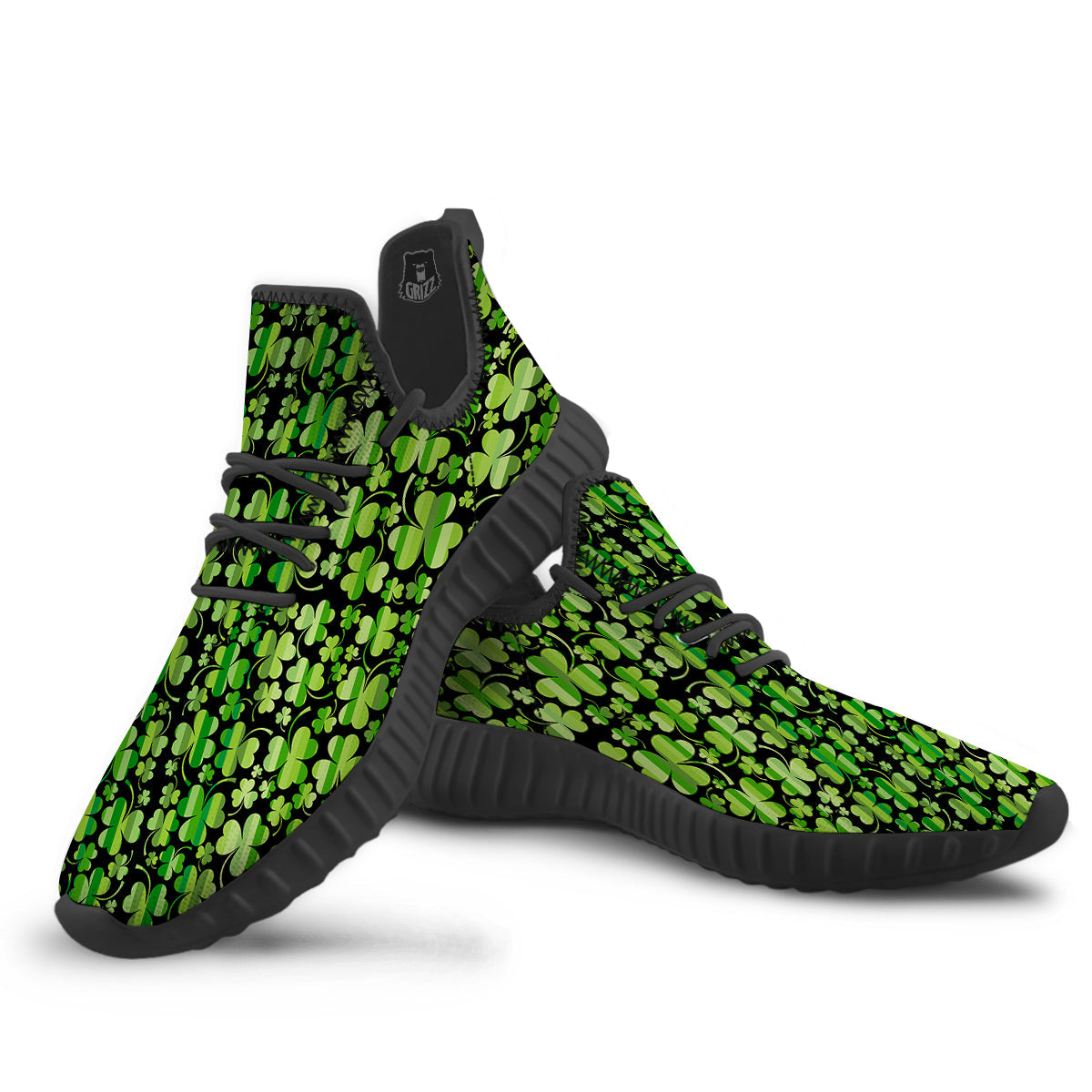 Shamrock Green And Black Print Pattern Black Walking Shoes-grizzshop