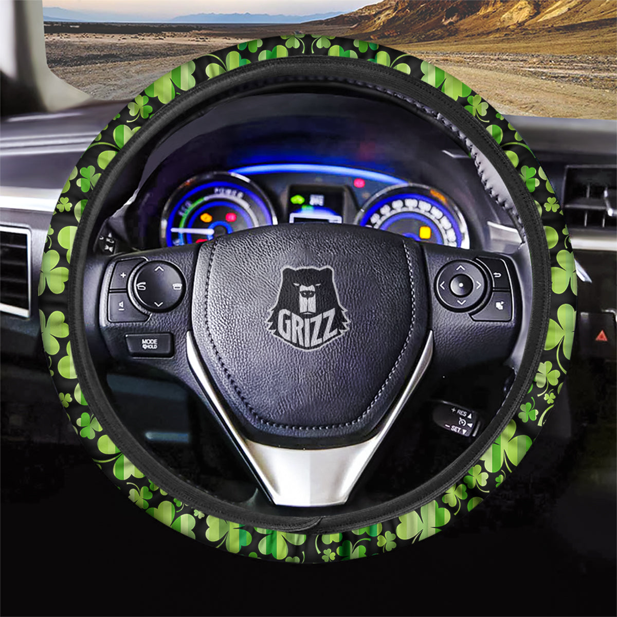 Shamrock Green And Black Print Pattern Car Steering Wheel Cover-grizzshop