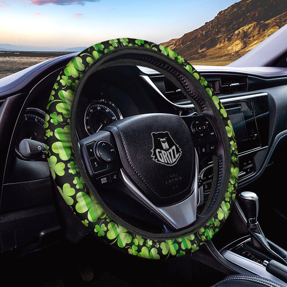Shamrock Green And Black Print Pattern Car Steering Wheel Cover-grizzshop