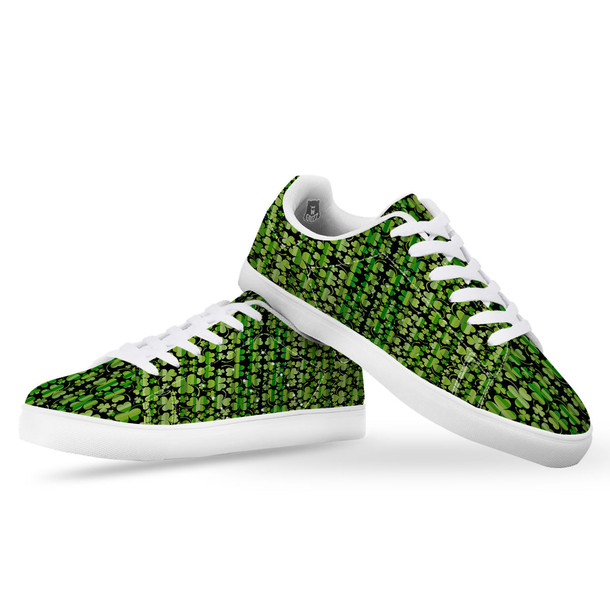 Shamrock Green And Black Print Pattern White Low Top Sneakers-grizzshop