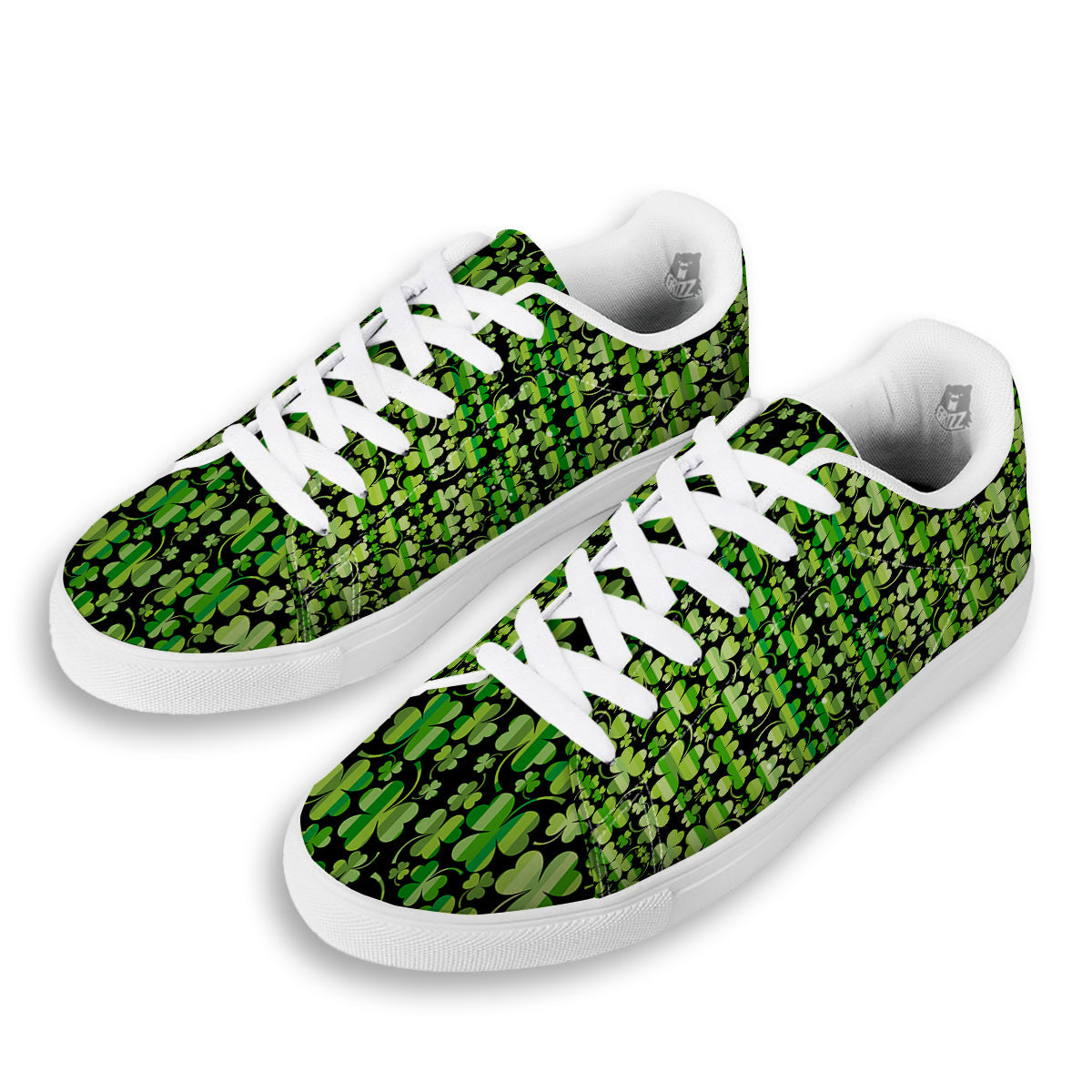 Shamrock Green And Black Print Pattern White Low Top Sneakers-grizzshop