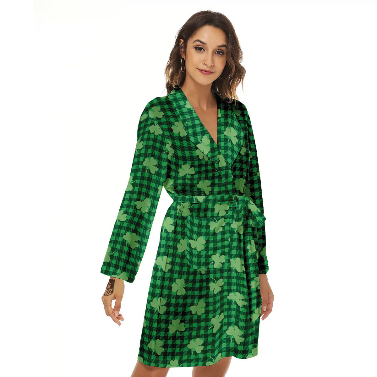 Shamrock Green Plaid Print Pattern Women's Robe-grizzshop