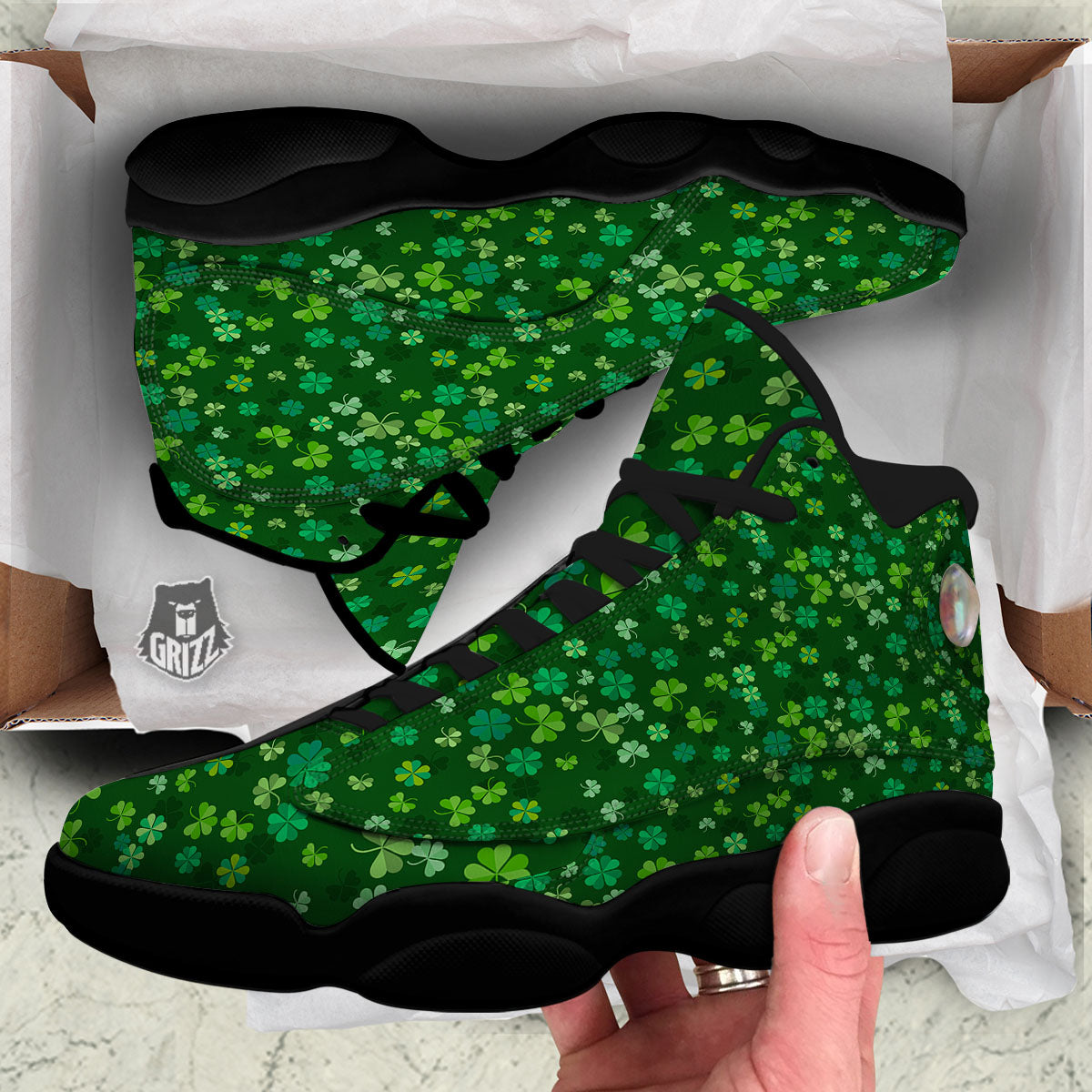 Shamrock Leaf Green Print Pattern Black Basketball Shoes-grizzshop