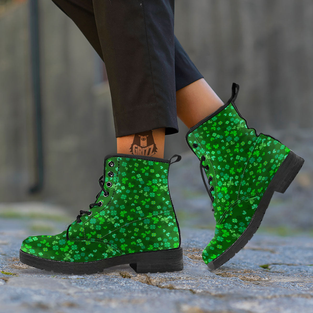 Shamrock Leaf Green Print Pattern Leather Boots-grizzshop