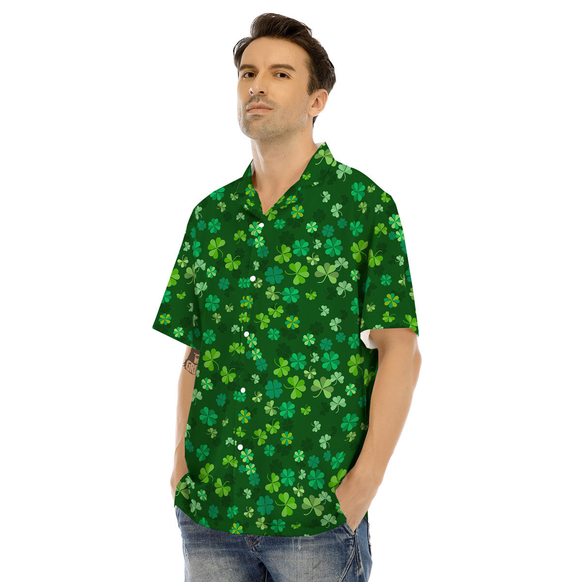 Shamrock Leaf Green Print Pattern Men's Hawaiian Shirt-grizzshop