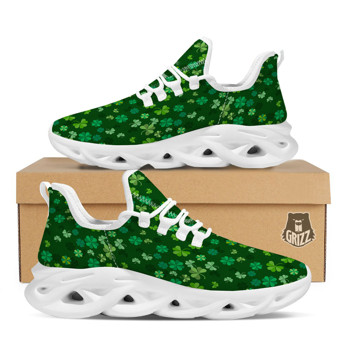 Shamrock Leaf Green Print Pattern White Running Shoes-grizzshop