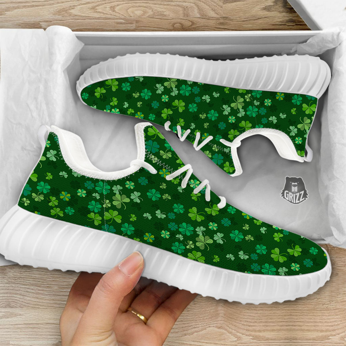 Shamrock Leaf Green Print Pattern White Walking Shoes-grizzshop