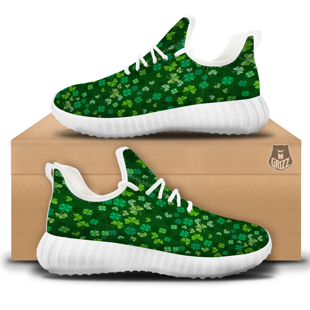 Shamrock Leaf Green Print Pattern White Walking Shoes-grizzshop