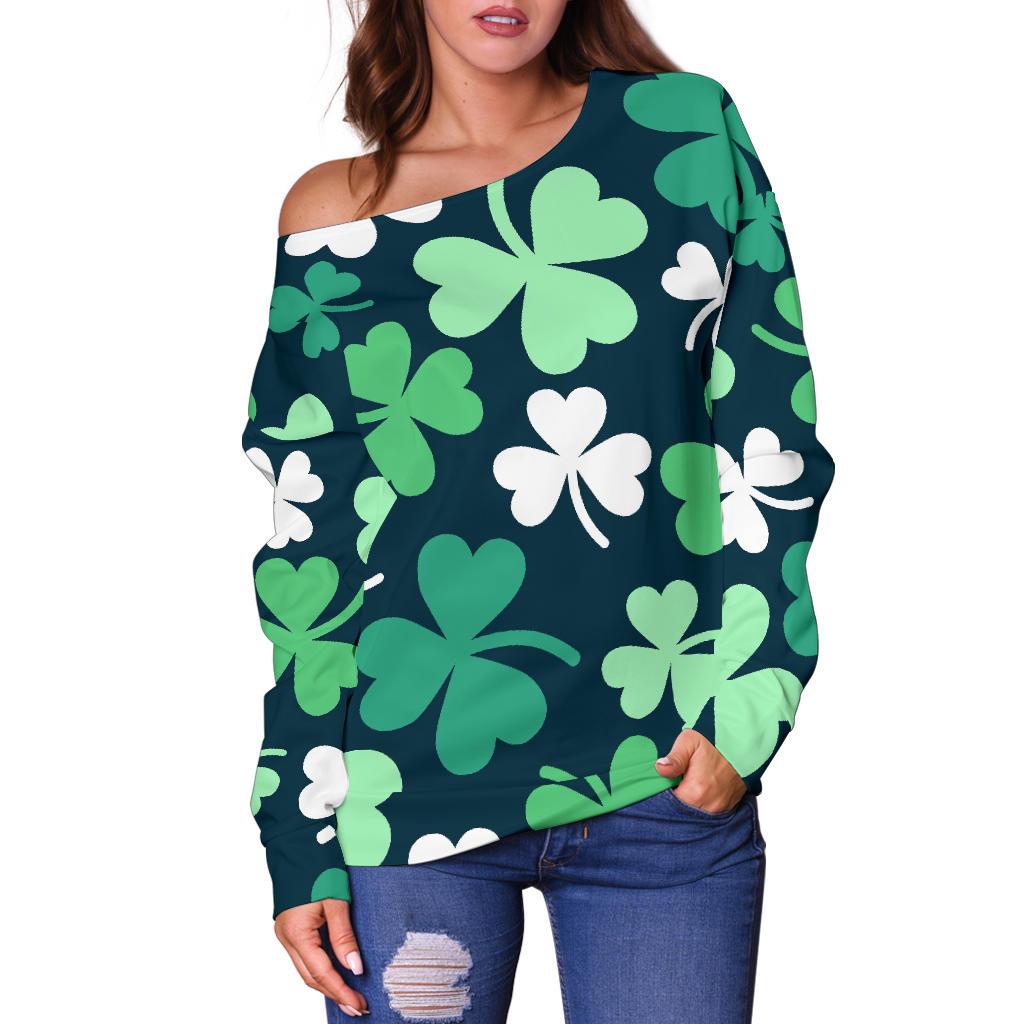 Shamrock Pattern Print Women Off Shoulder Sweatshirt-grizzshop
