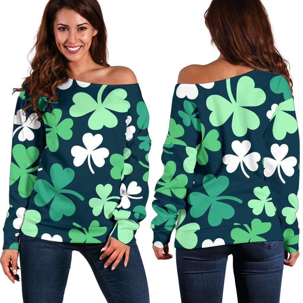 Shamrock Pattern Print Women Off Shoulder Sweatshirt-grizzshop