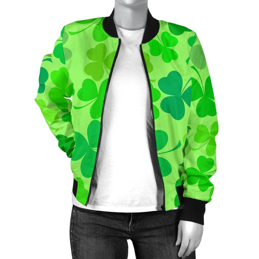 Shamrock St Patrick's Day Pattern Print Women Casual Bomber Jacket-grizzshop