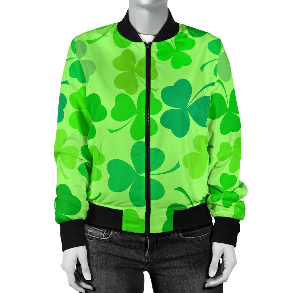 Shamrock St Patrick's Day Pattern Print Women Casual Bomber Jacket-grizzshop