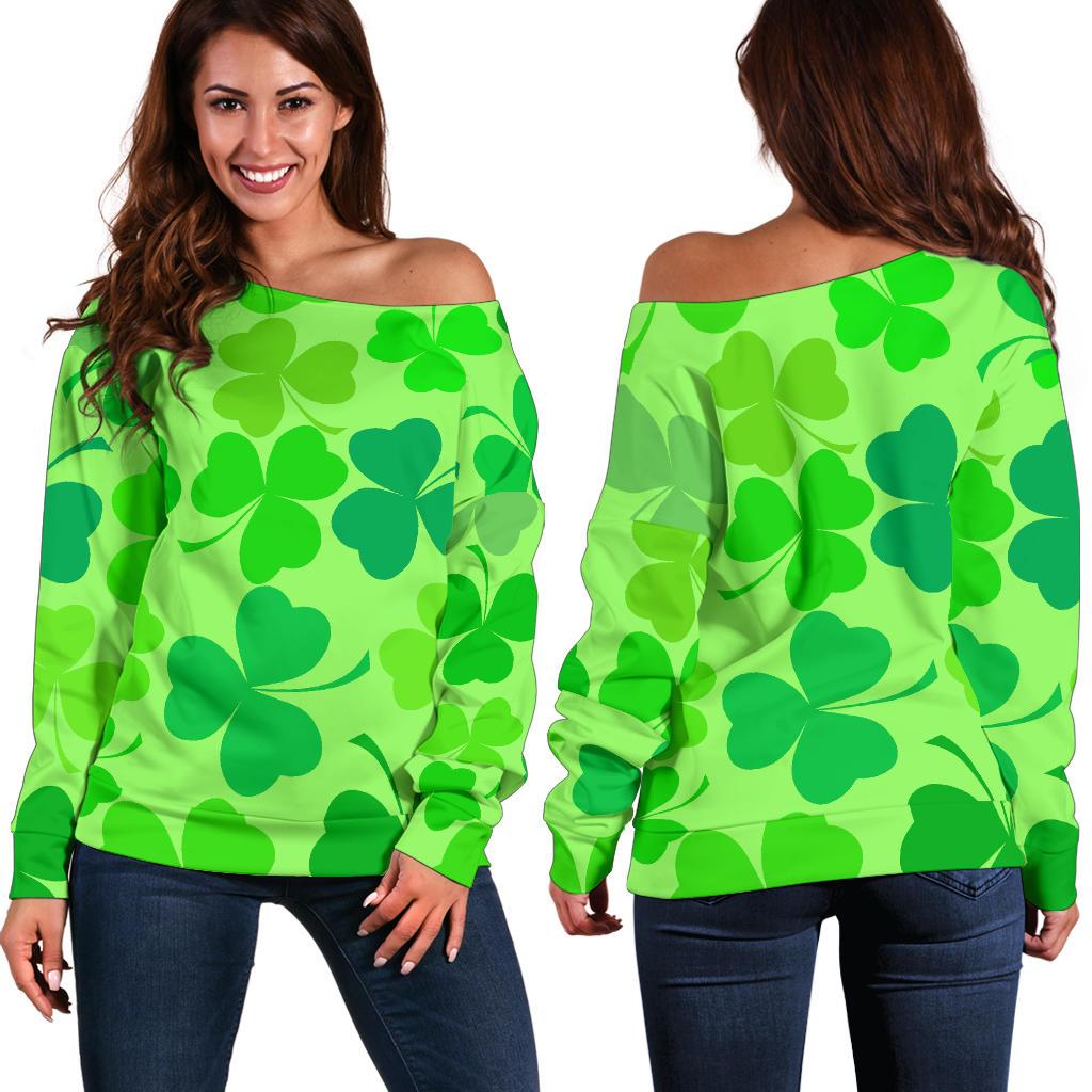 Shamrock St Patrick's Day Pattern Print Women Off Shoulder Sweatshirt-grizzshop
