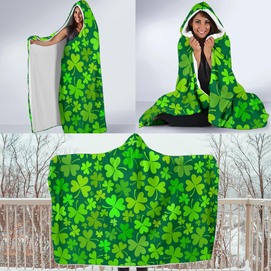 Shamrock St Patrick's Day Print Pattern Hooded Blanket-grizzshop