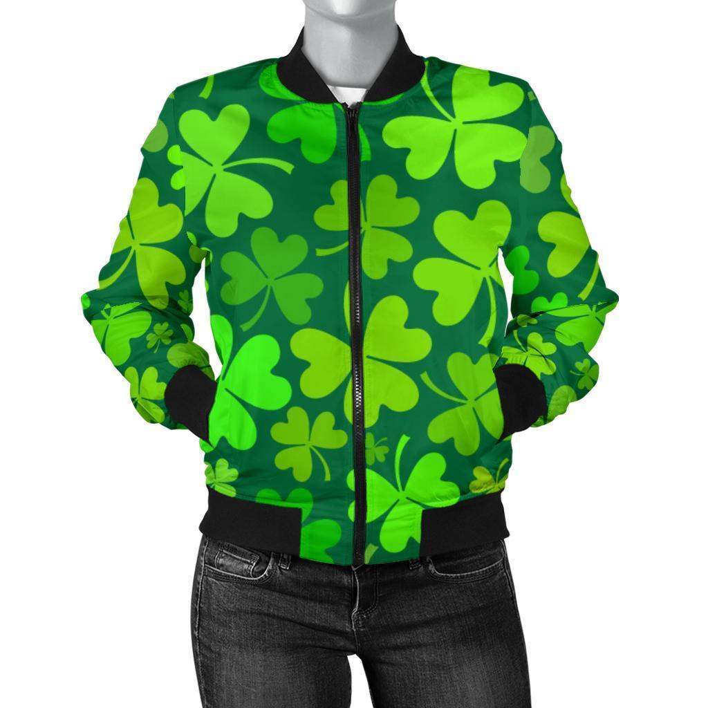 Shamrock St Patrick's Day Print Pattern Women Casual Bomber Jacket-grizzshop